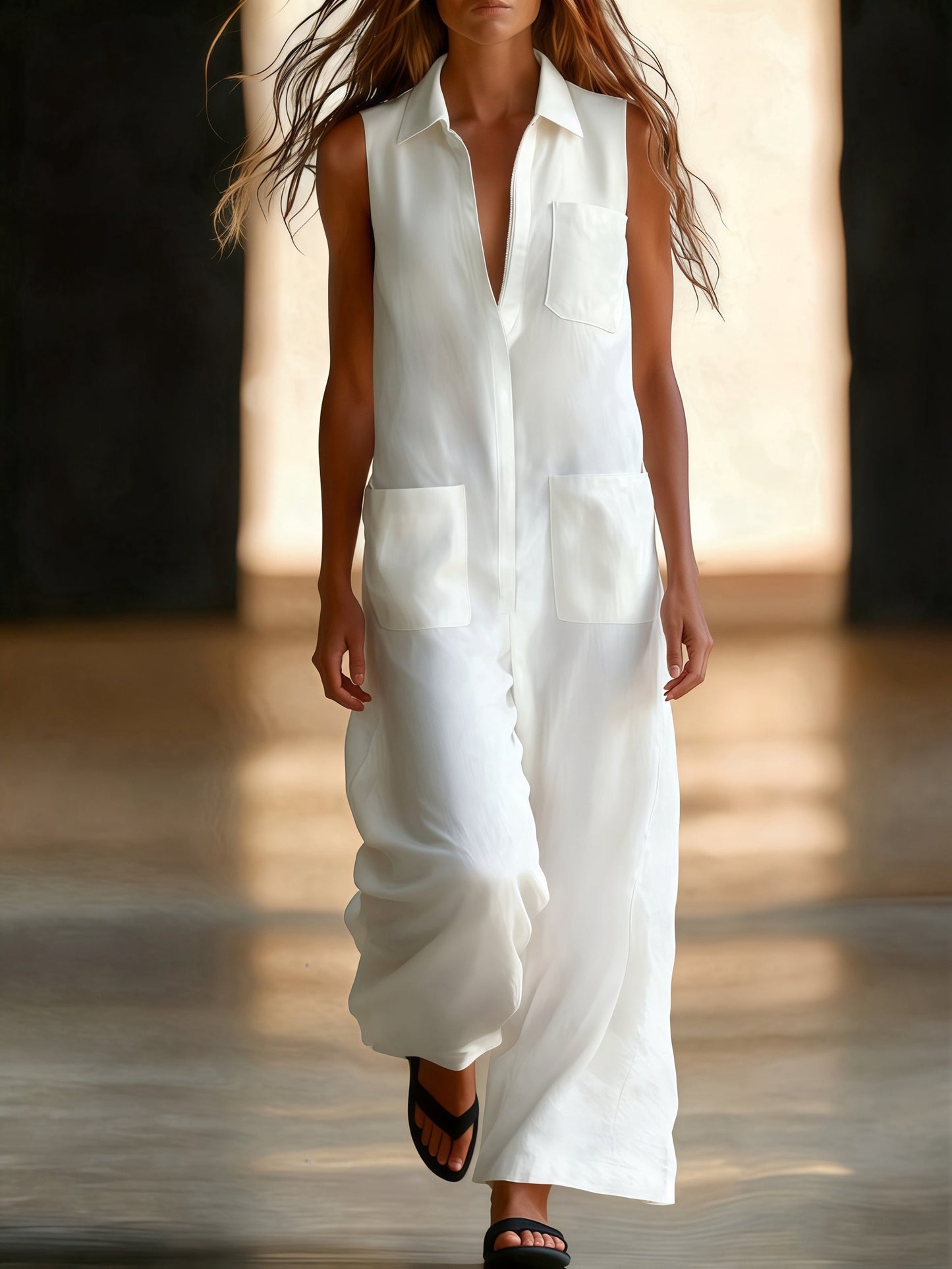 Kristiana | Wide Leg Sleeveless Collared Utility Jumpsuit