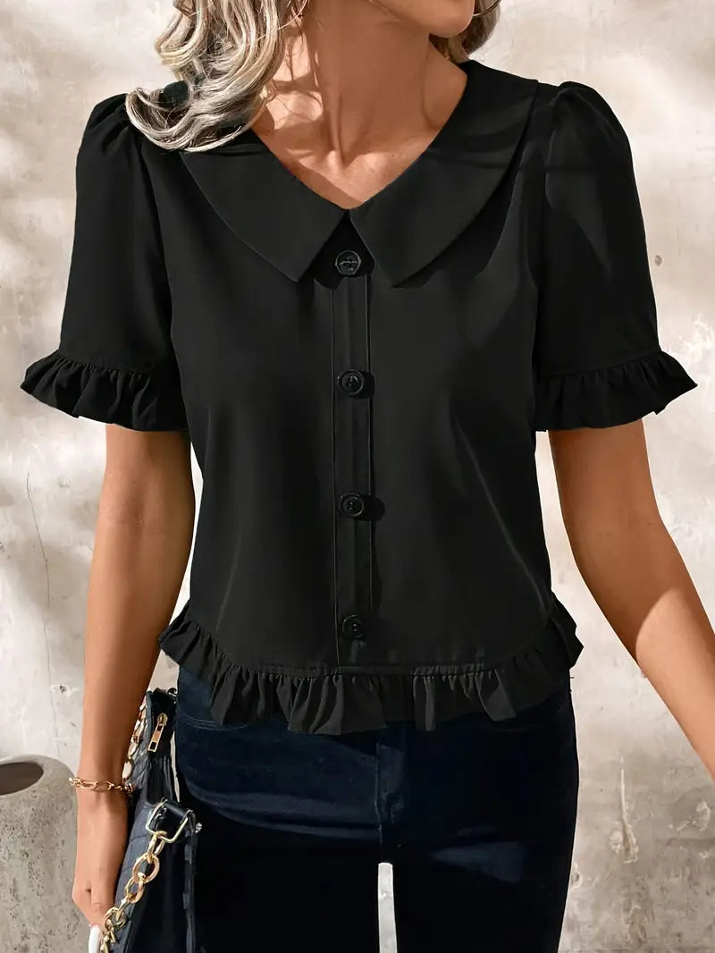 Foteini - Short Sleeve Ruffle Hem Button Blouse