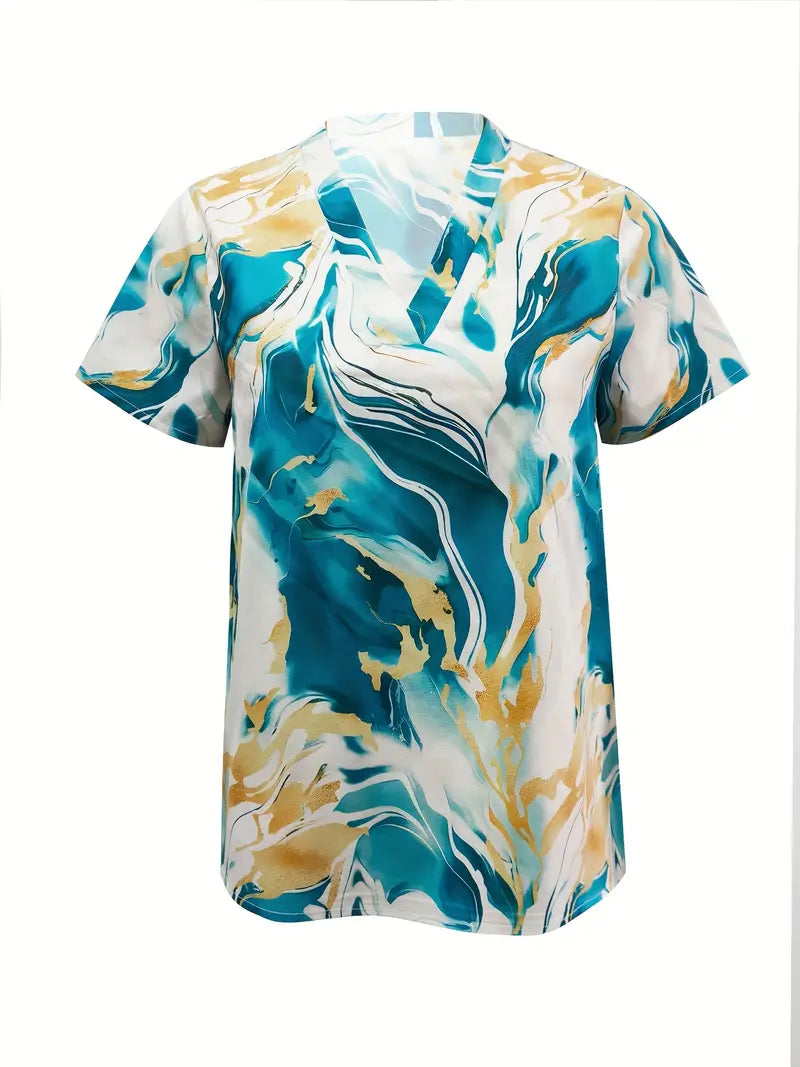 Maroula - Marble Print V Neck Short Sleeve Blouse