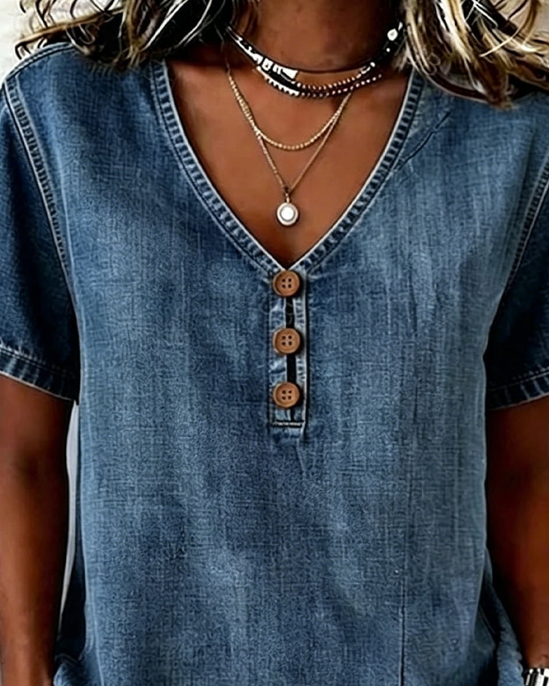 Lyjena - Denim Style V Neck Button Blouse