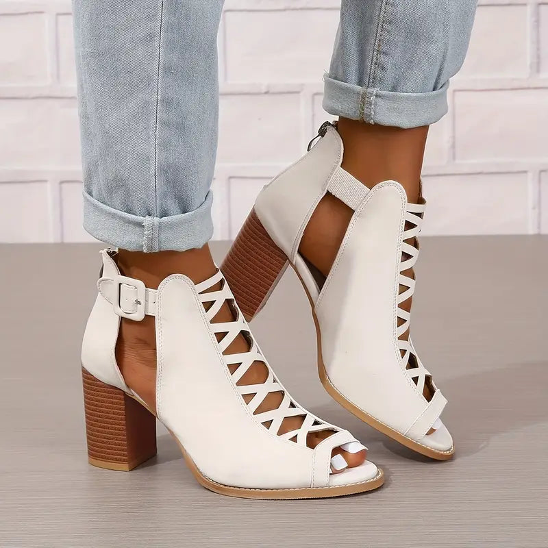 Ruzilya | Chunky Heel Peep Toe Lace-Up Sandals