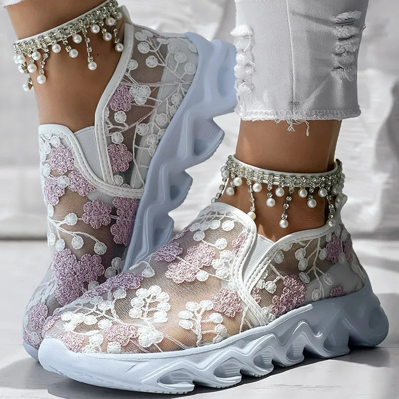 Abbie | Floral Mesh Slip On Trainers