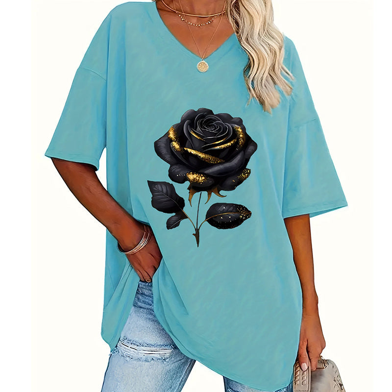 Aijia | V-Neck Rose Print Relaxed T-Shirt