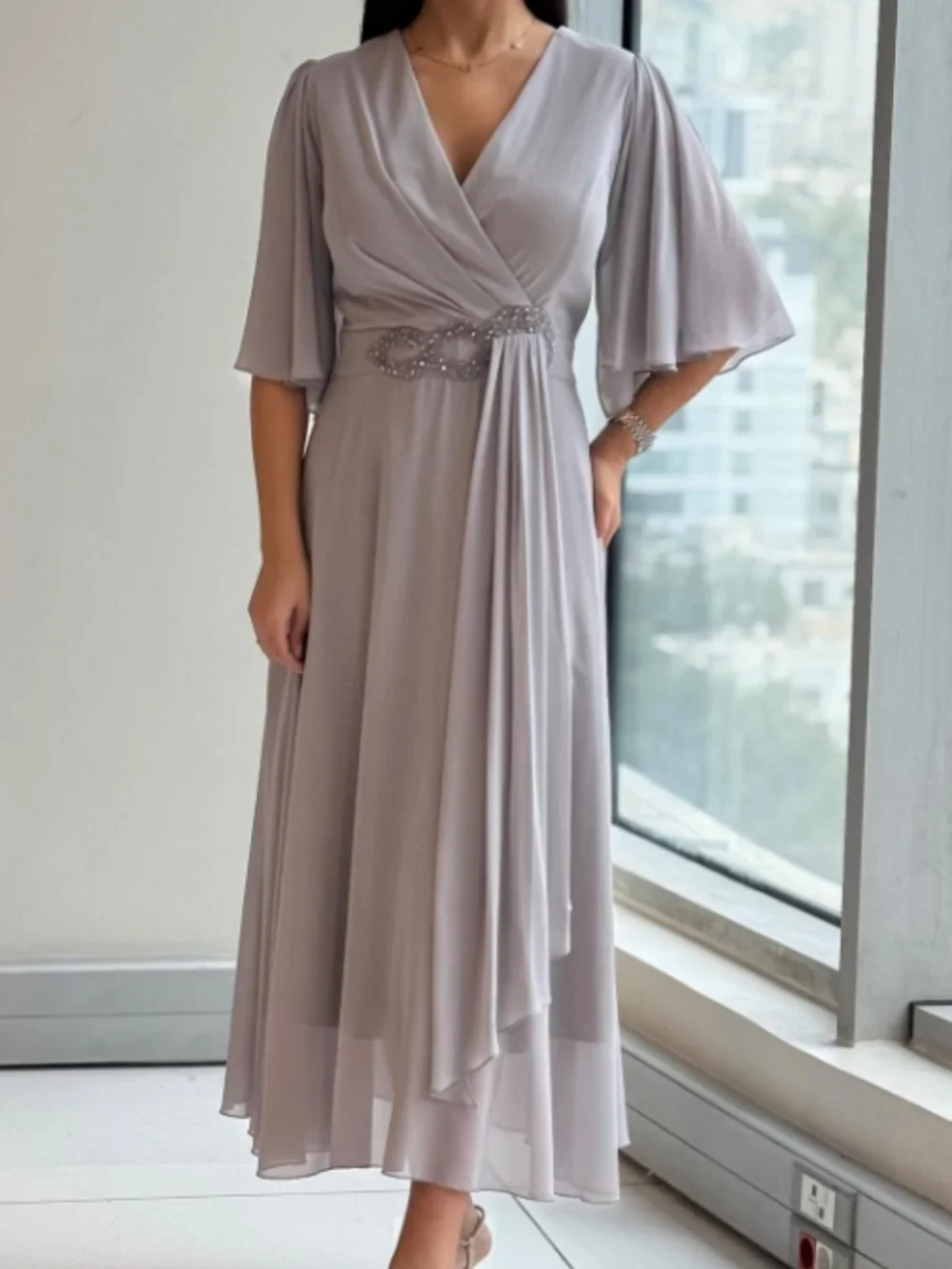 Bhagya - Long Chiffon Dress With V Neckline