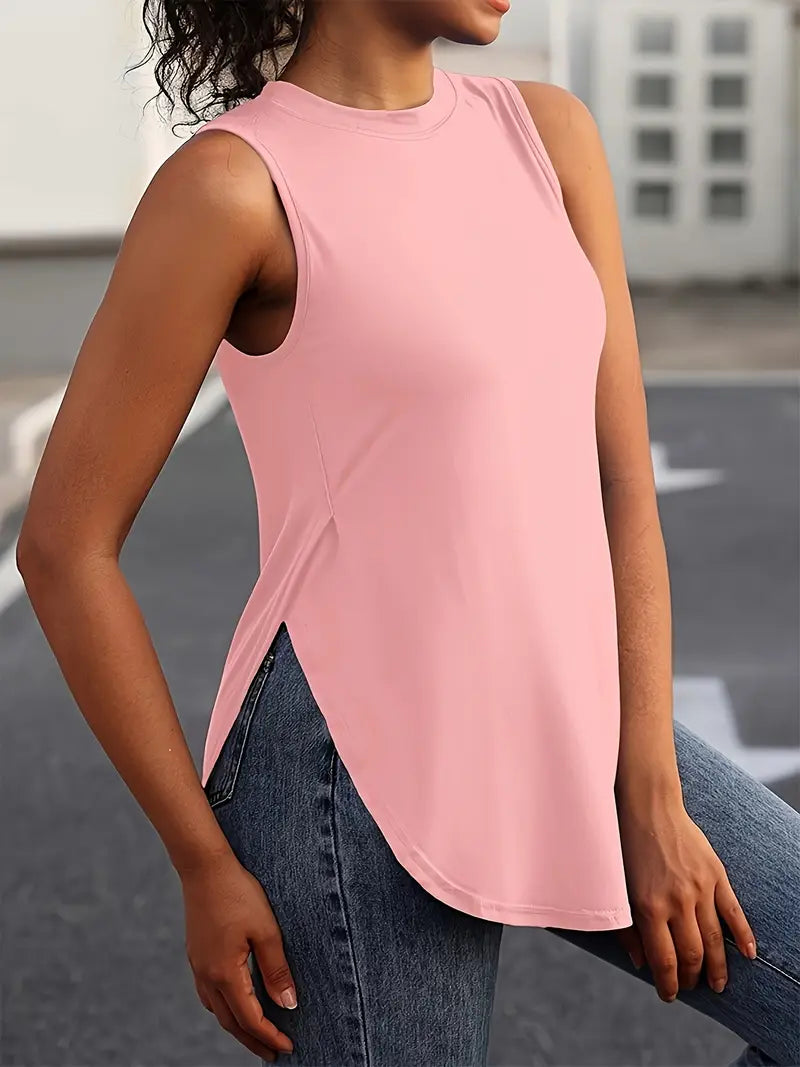 Desirae | Sleeveless Round Neck Curved Hem Top