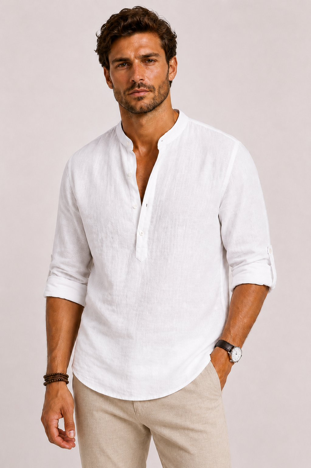 Matias | Textured Pullover Shirt with Band Collar