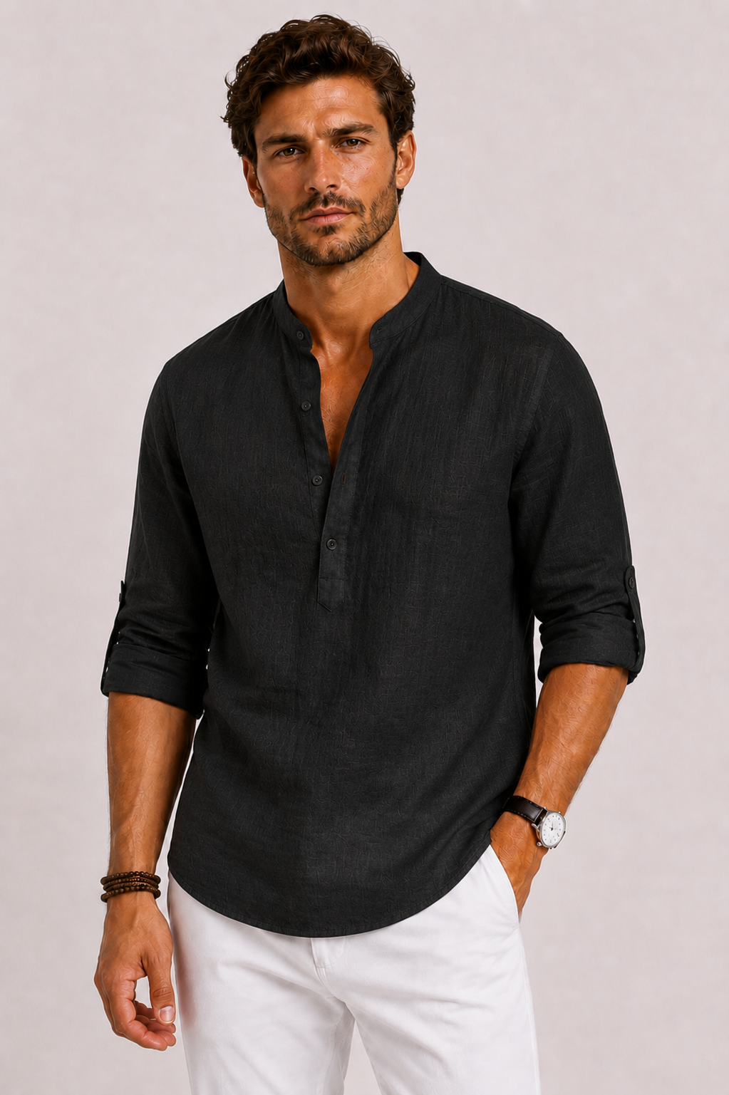 Matias | Textured Pullover Shirt with Band Collar