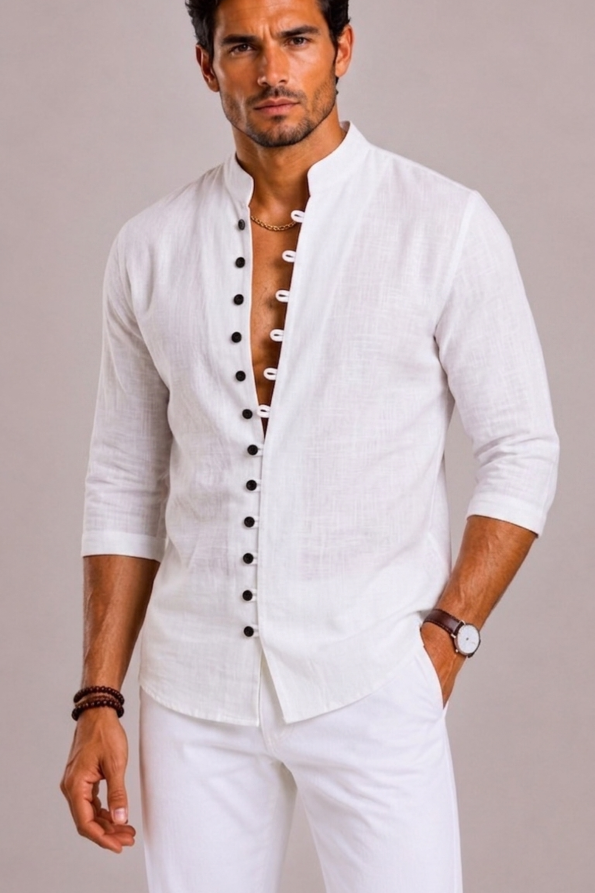 Melissa | Textured Shirt with Band Collar and Loop Buttons