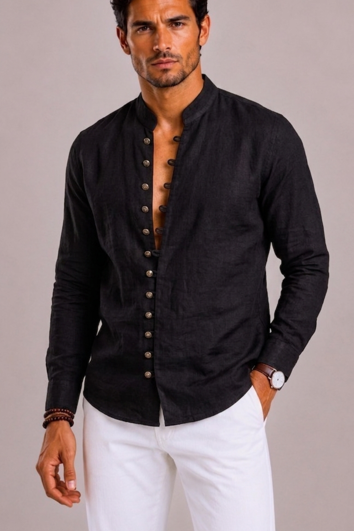 Melissa | Textured Shirt with Band Collar and Loop Buttons