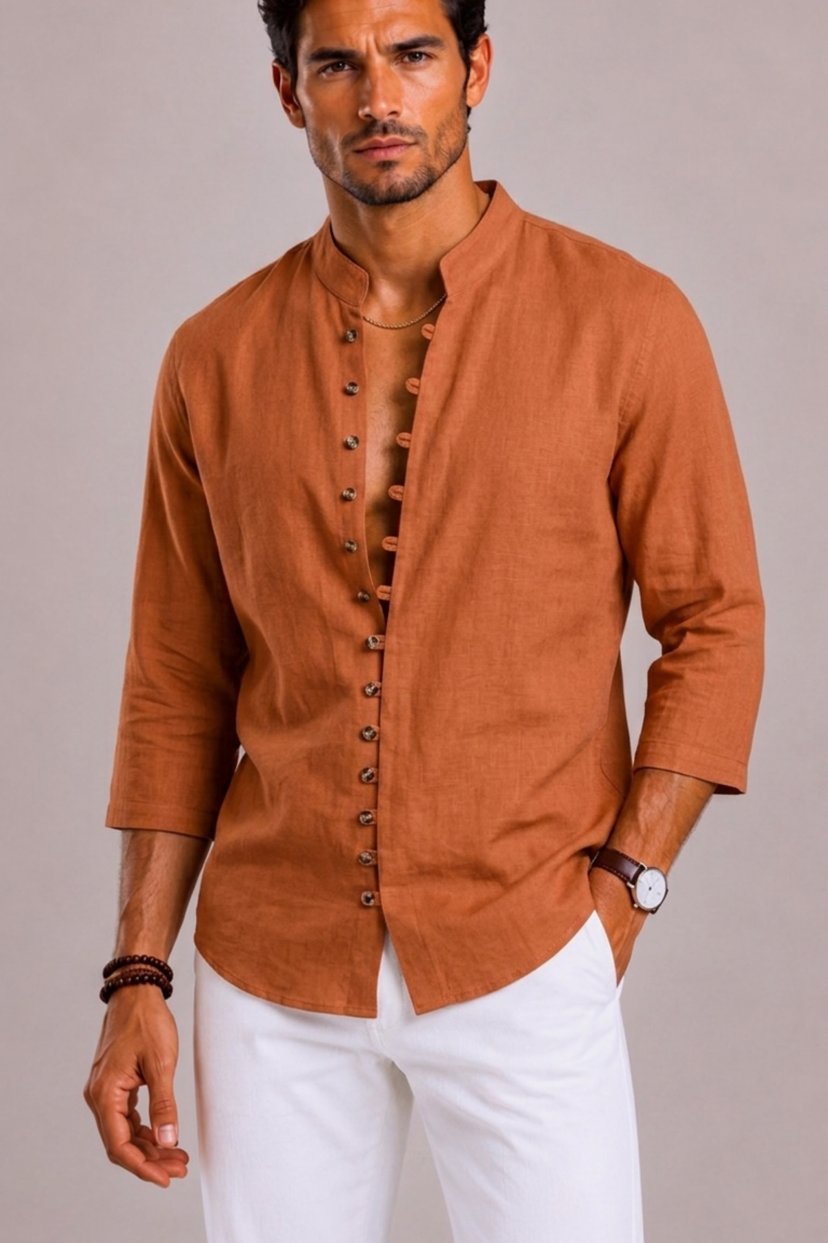 Melissa | Textured Shirt with Band Collar and Loop Buttons