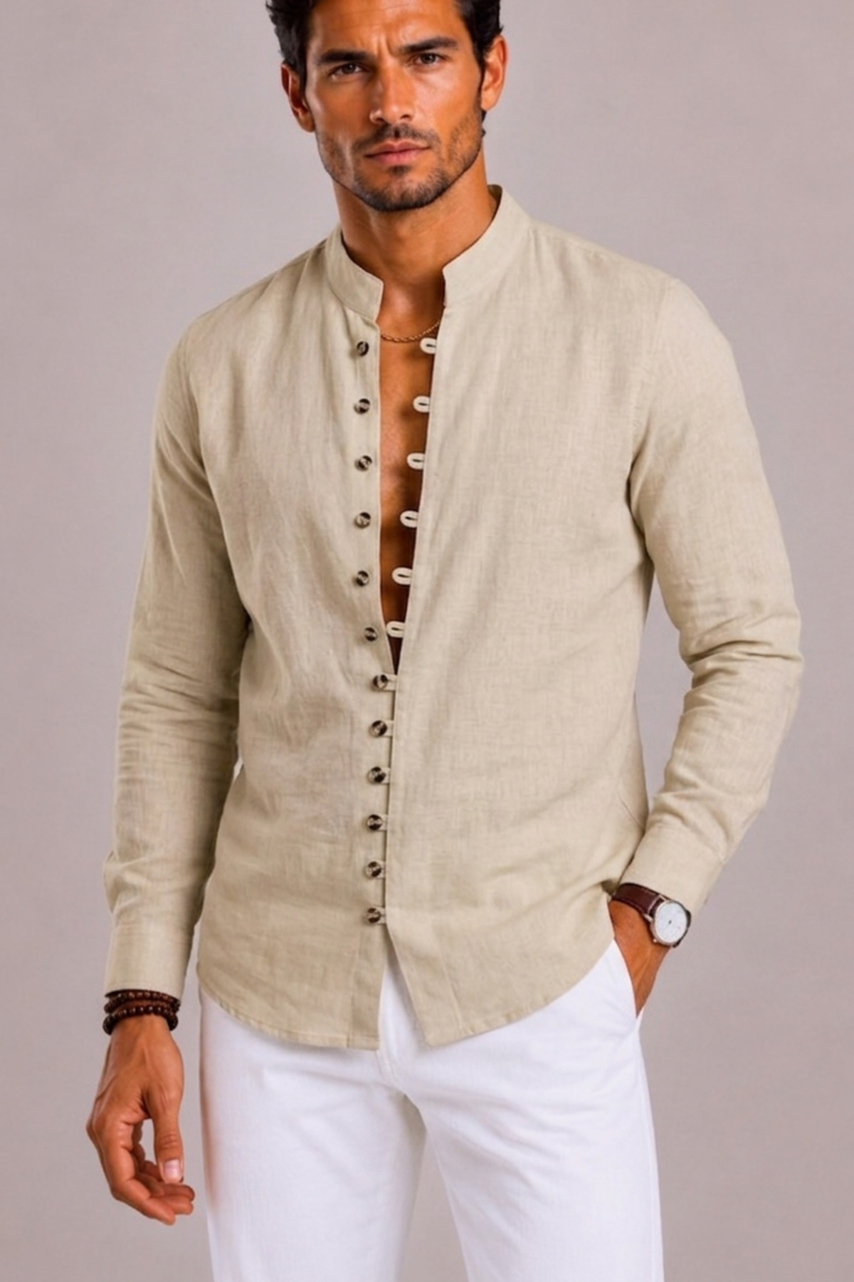 Melissa | Textured Shirt with Band Collar and Loop Buttons