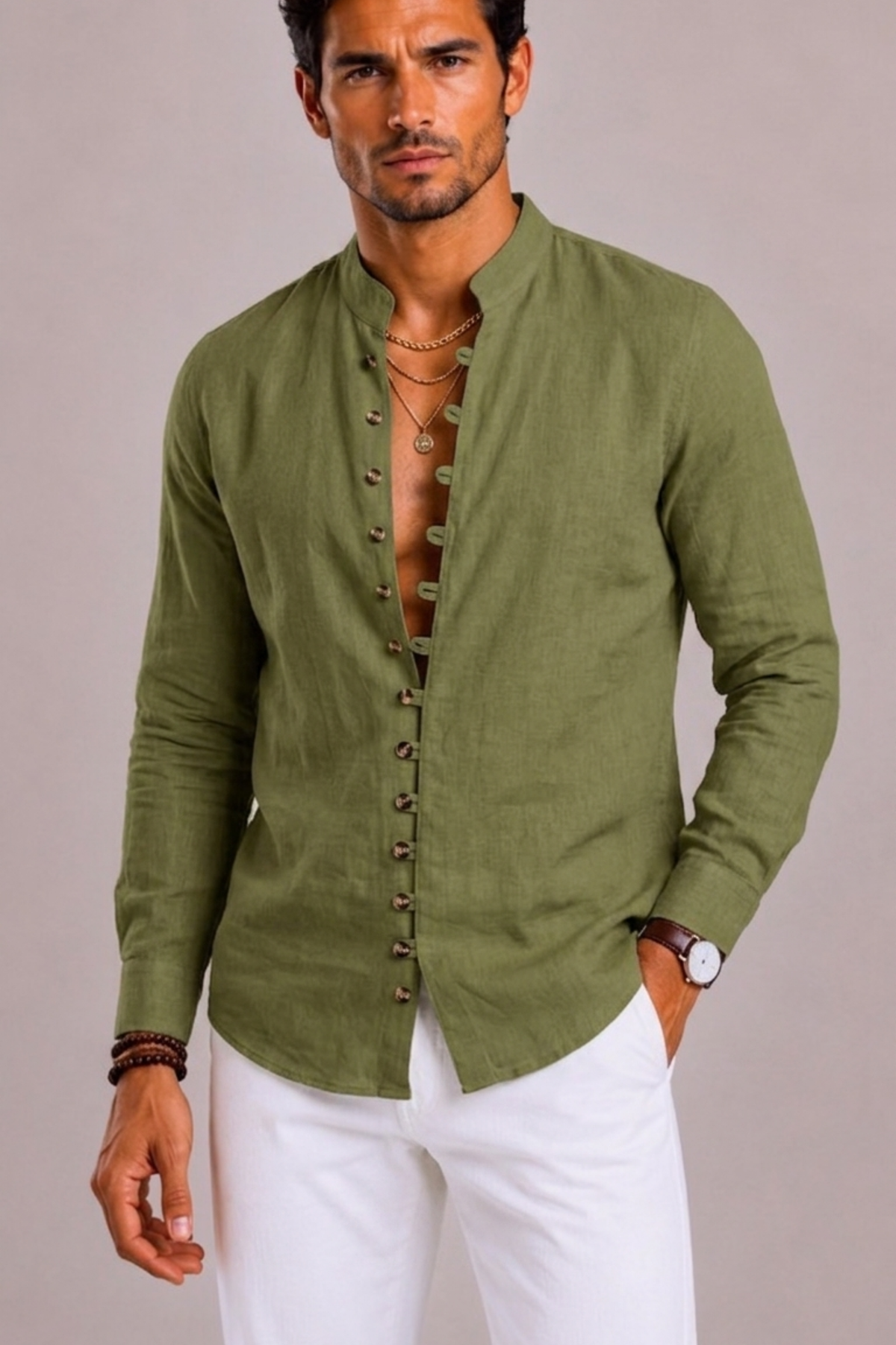 Melissa | Textured Shirt with Band Collar and Loop Buttons