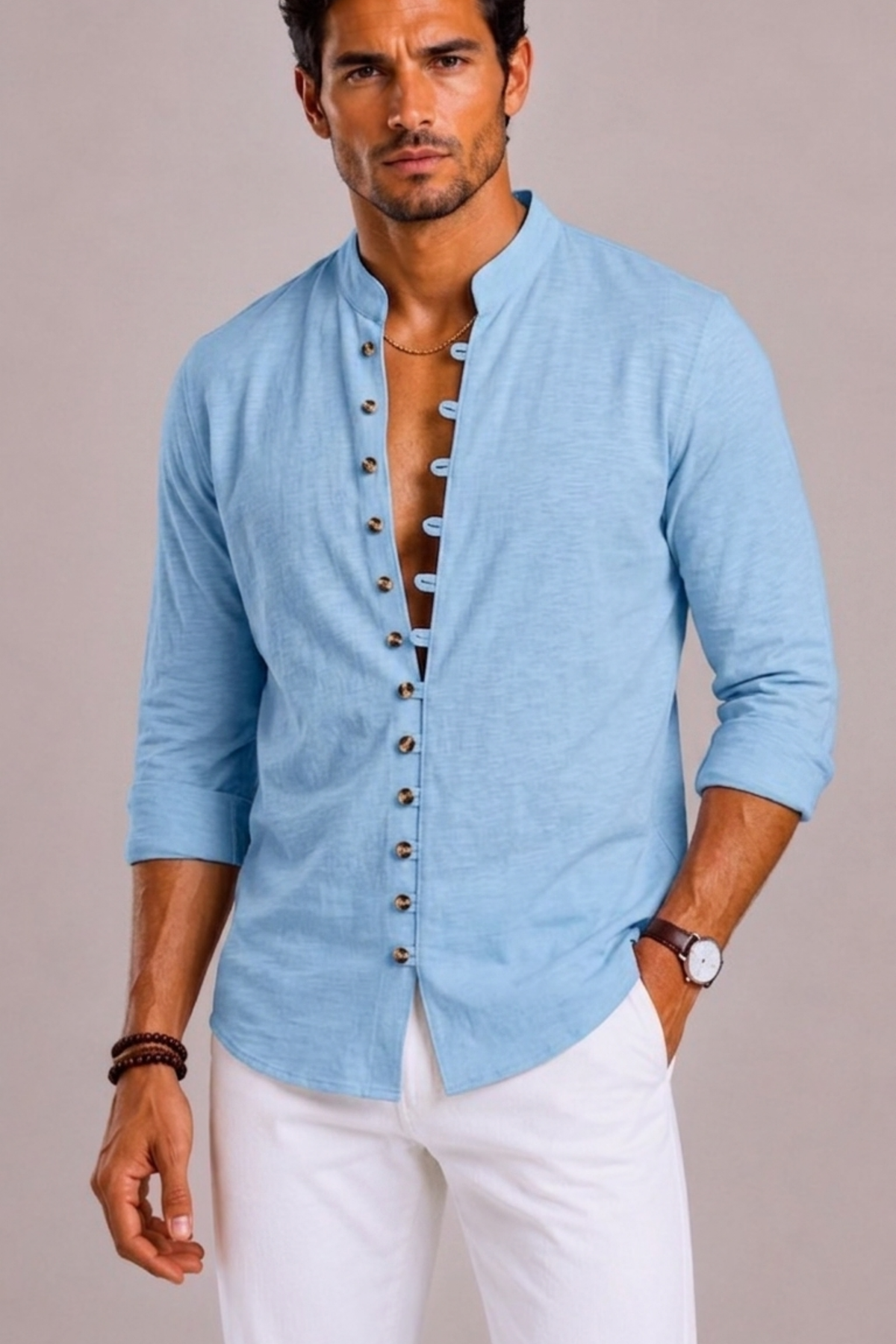 Melissa | Textured Shirt with Band Collar and Loop Buttons