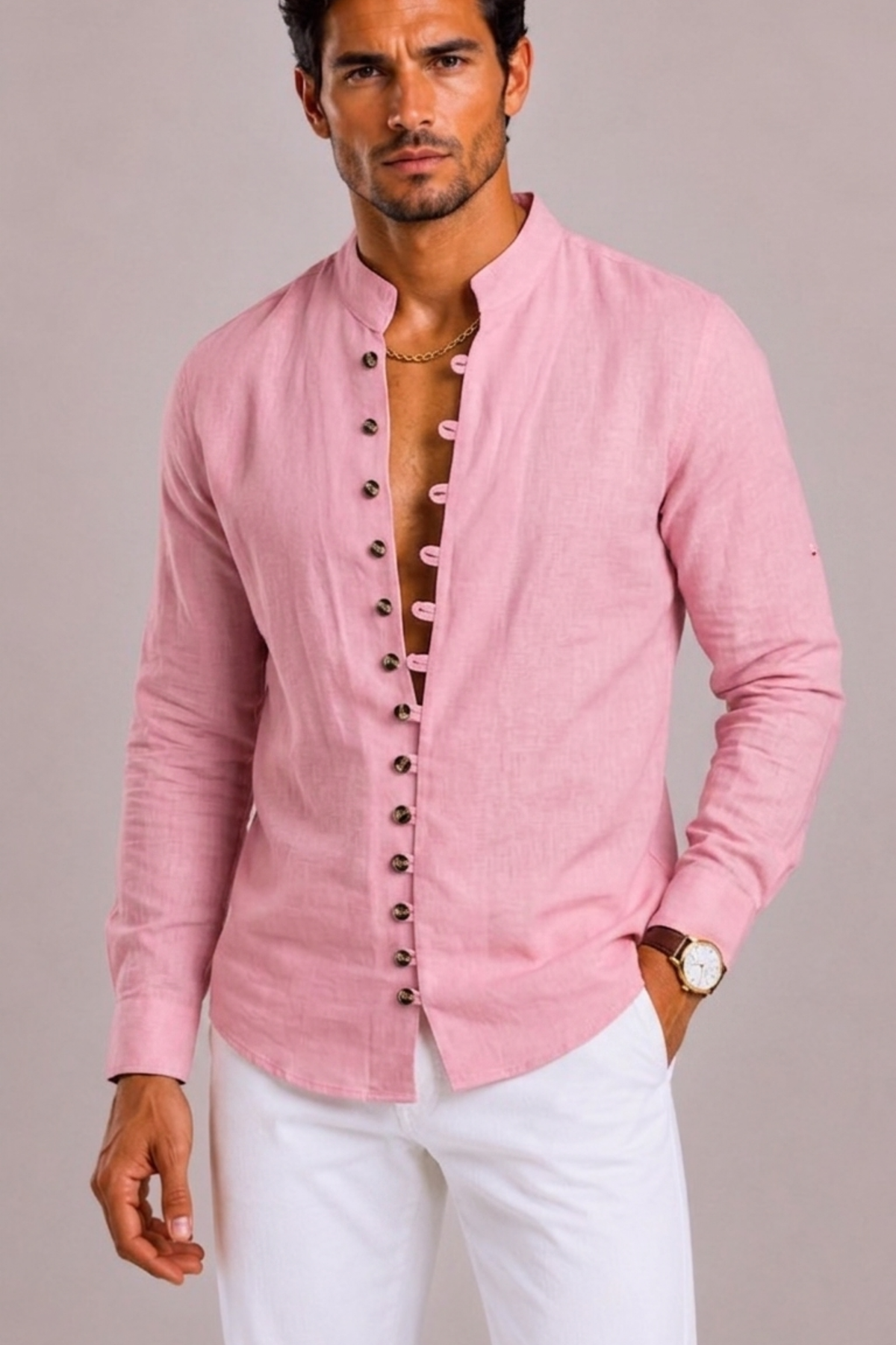 Melissa | Textured Shirt with Band Collar and Loop Buttons