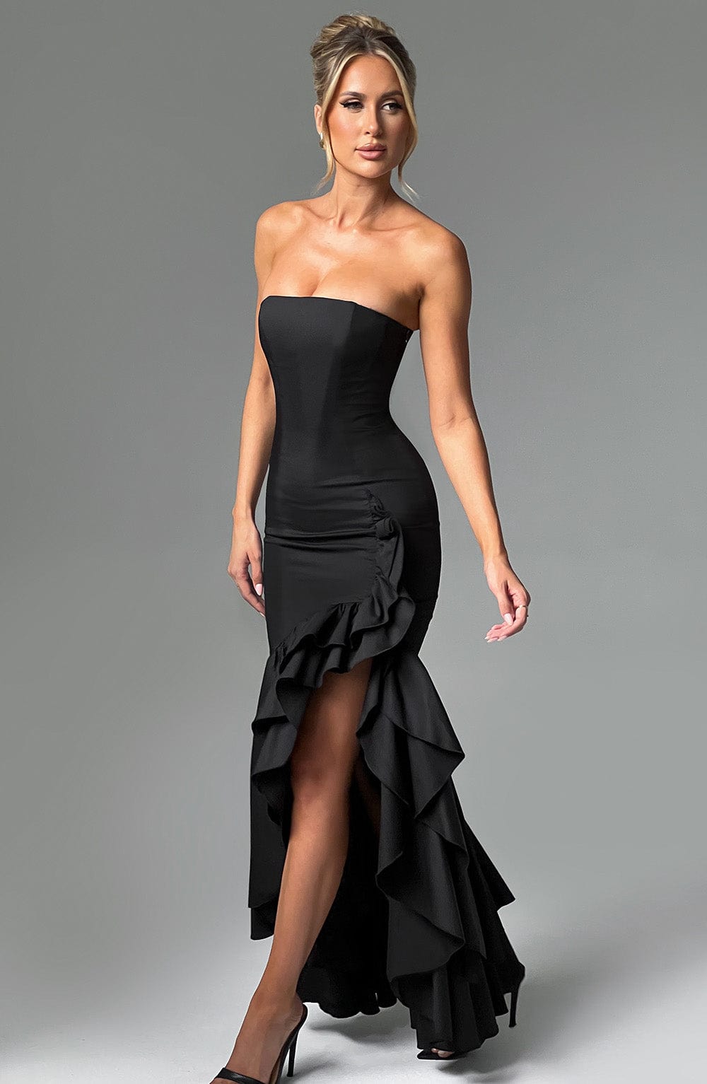 Vasileia | Strapless Ruffle High-Low Maxi Dress