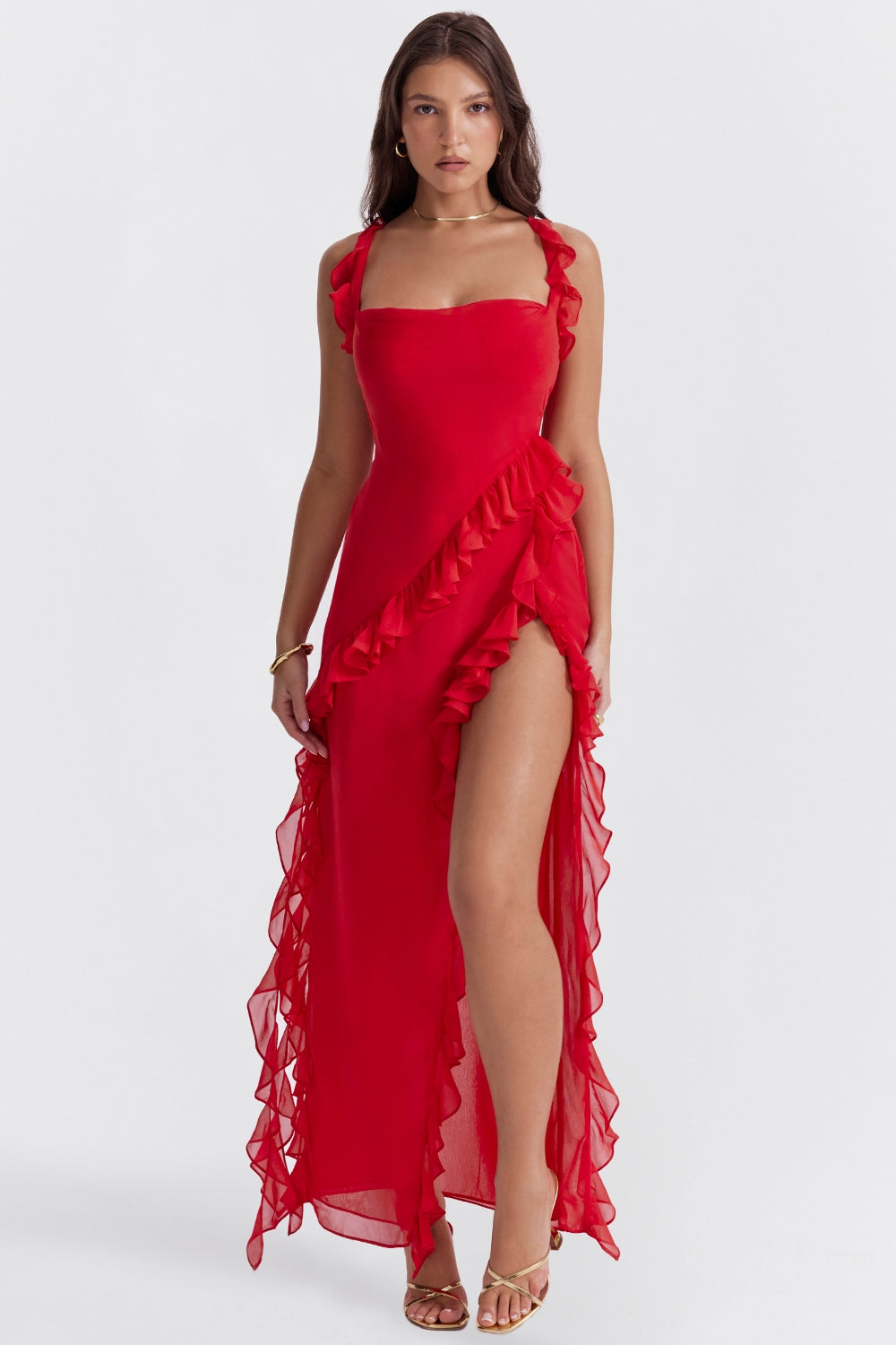 Dalia | Ruffle Trim High Split Maxi Dress