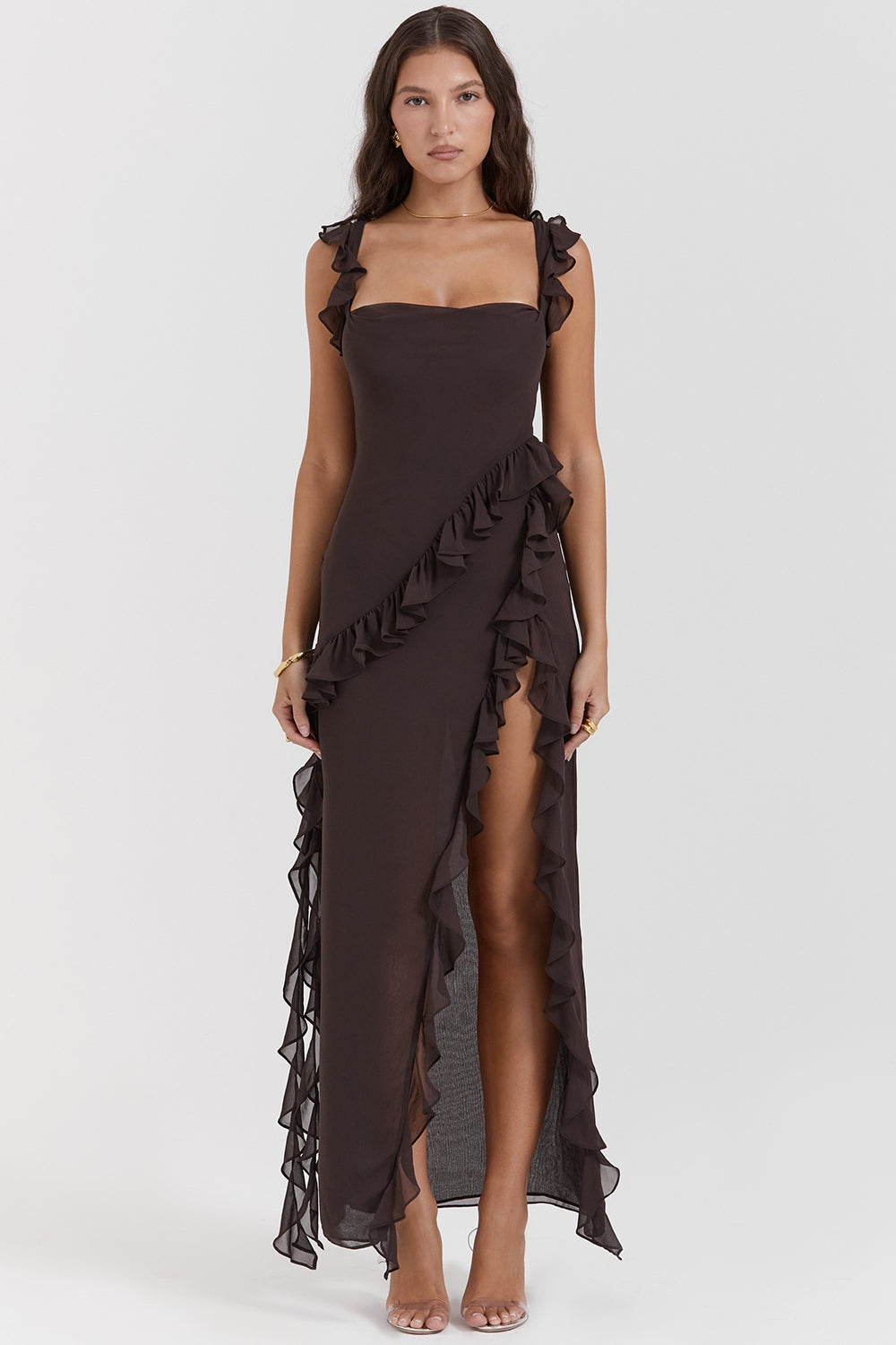 Dalia | Ruffle Trim High Split Maxi Dress