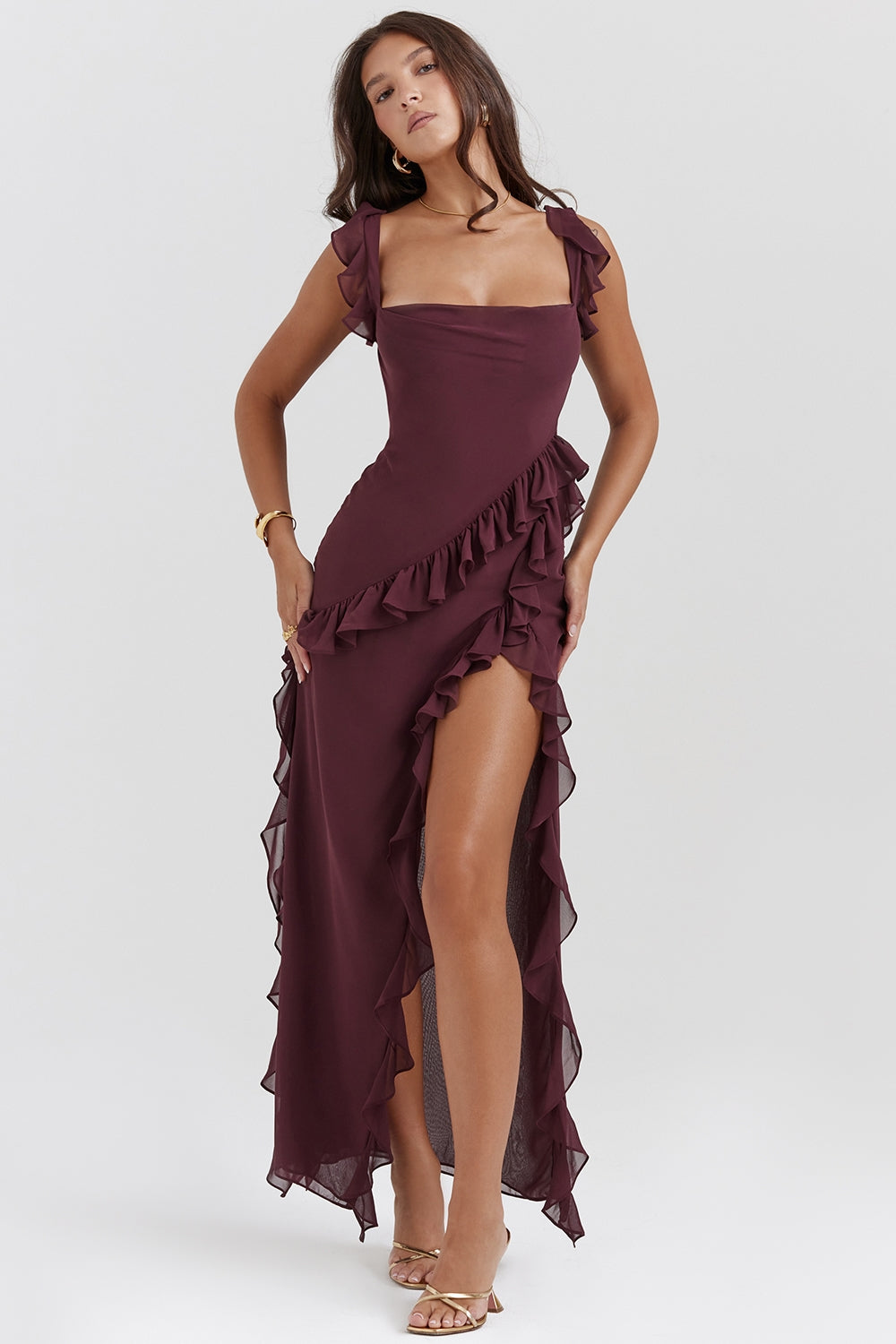 Dalia | Ruffle Trim High Split Maxi Dress