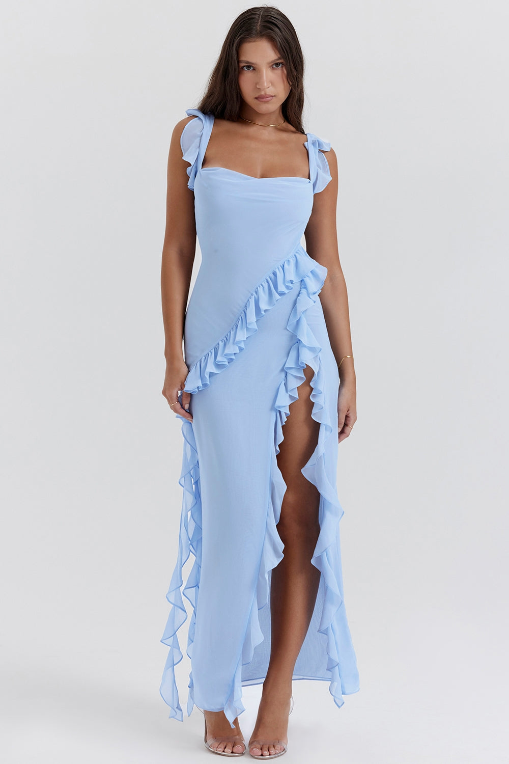 Dalia | Ruffle Trim High Split Maxi Dress