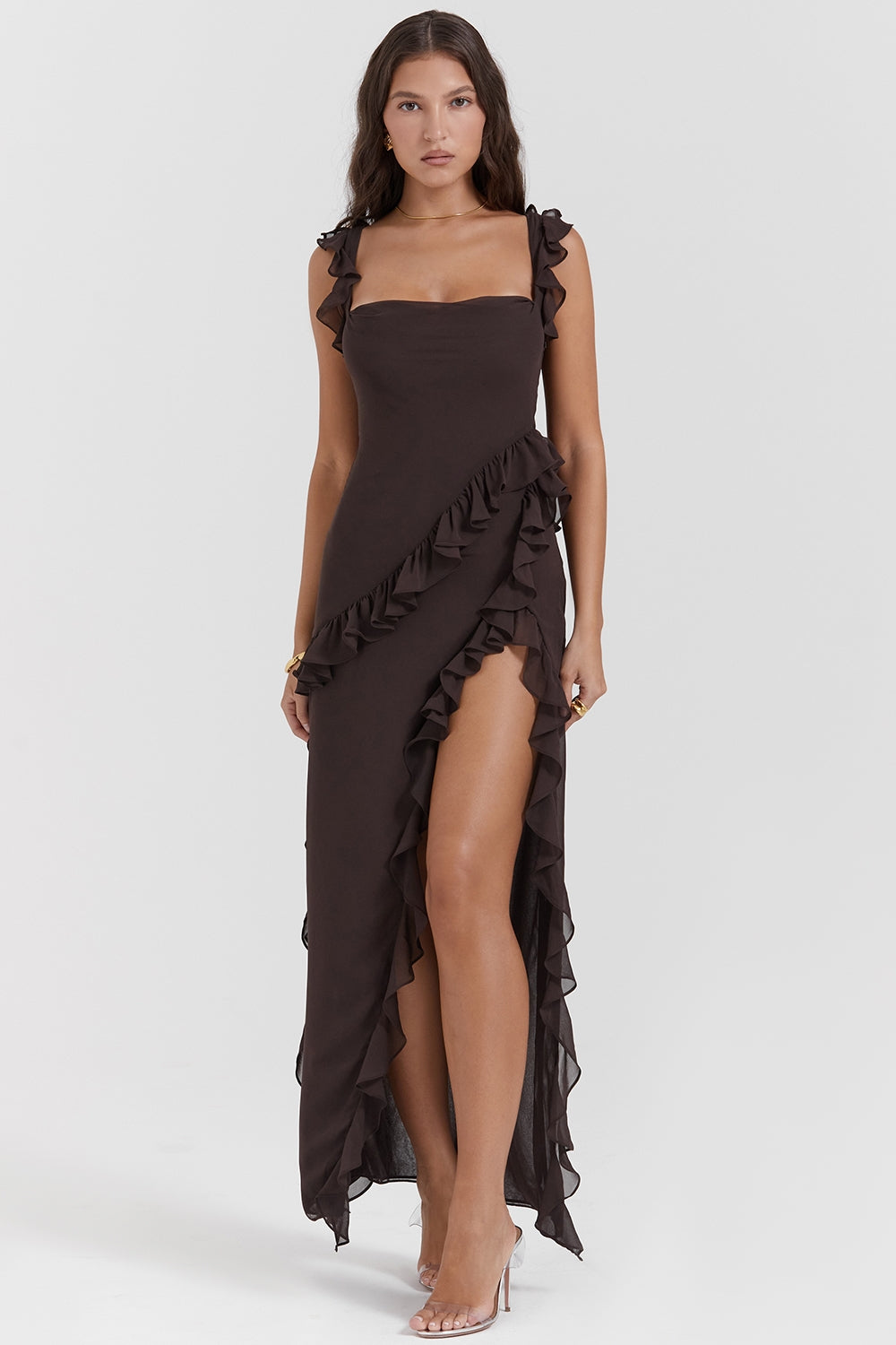 Dalia | Ruffle Trim High Split Maxi Dress