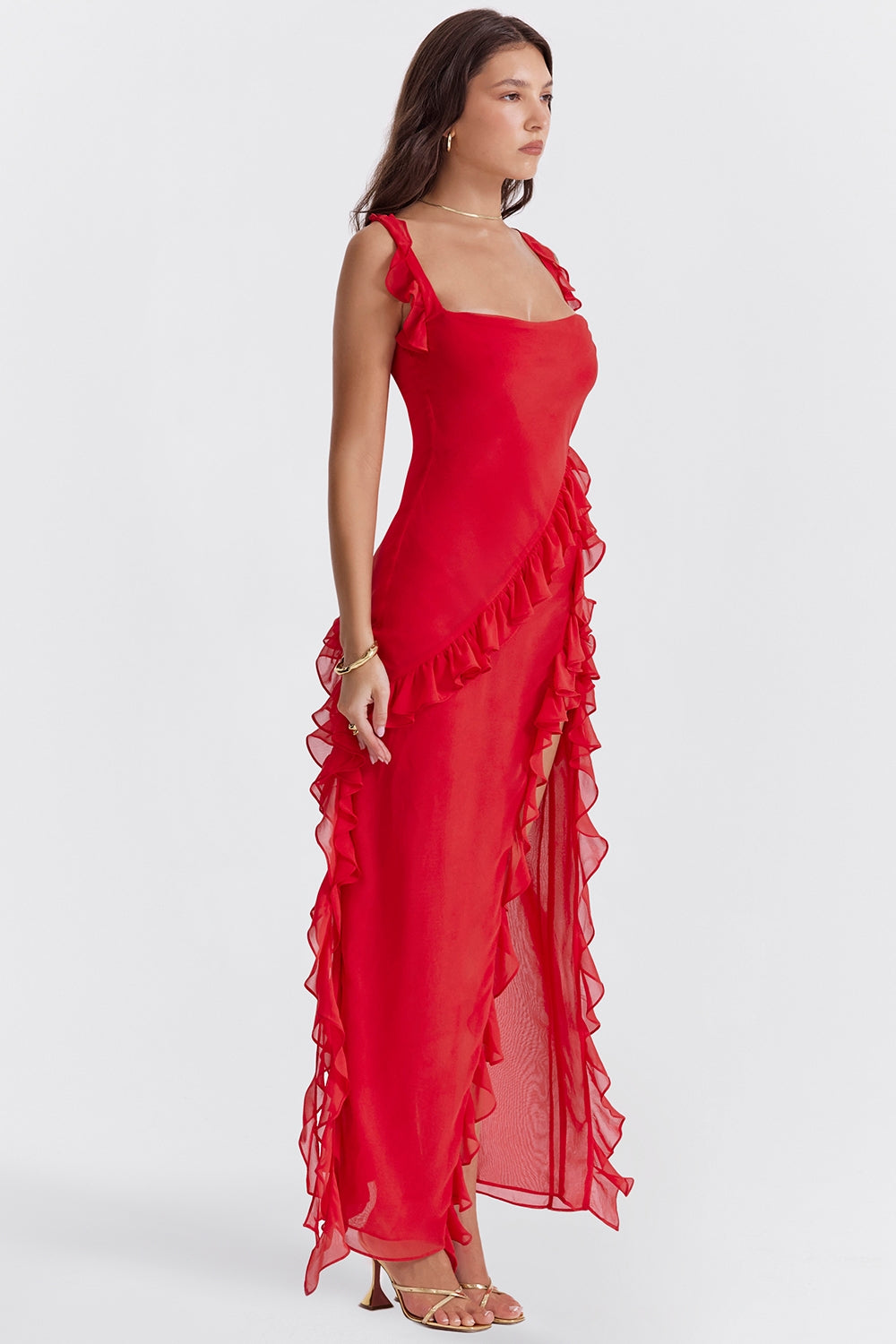 Dalia | Ruffle Trim High Split Maxi Dress