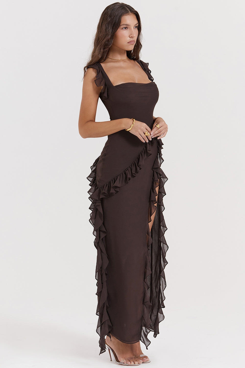 Dalia | Ruffle Trim High Split Maxi Dress