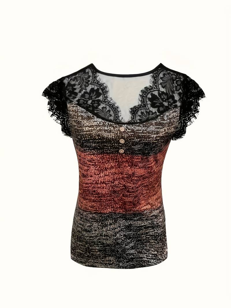 Sydona | Short Sleeve Lace V-Neck Colour Block Top