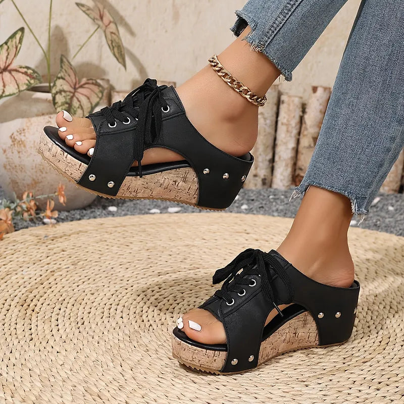 Nadiu | Wedge Sandals Open Toe Lace Up