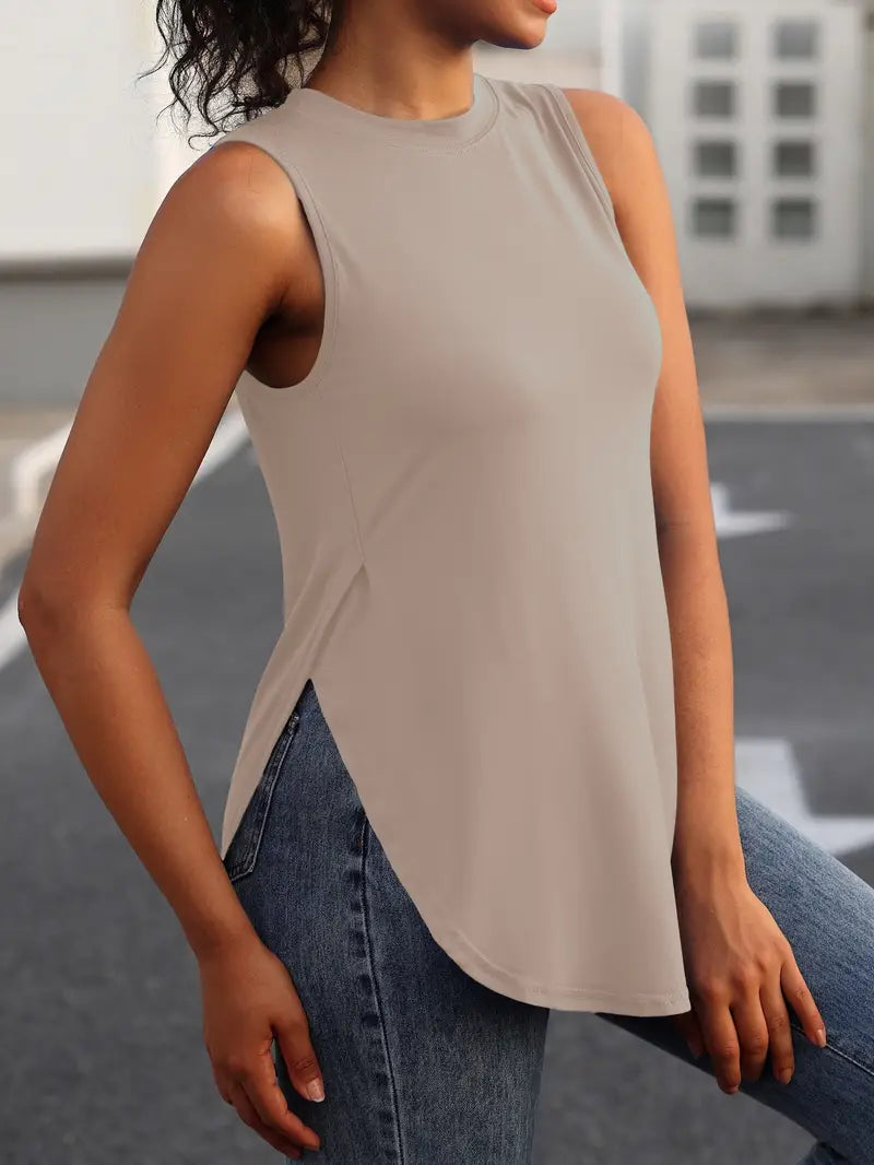 Desirae | Sleeveless Round Neck Curved Hem Top