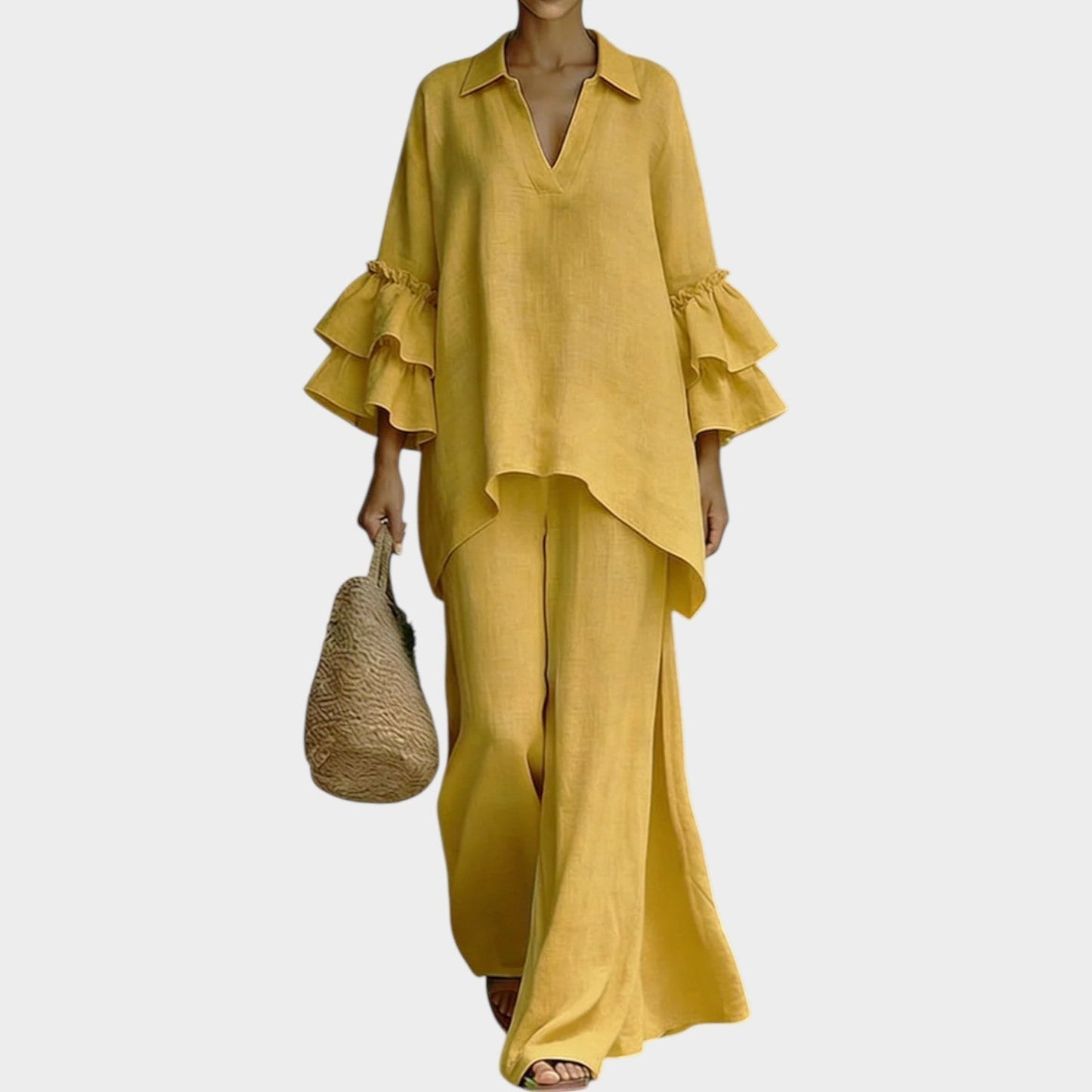 Fien | Linen Co-Ord Set V Neck Ruffle Sleeve