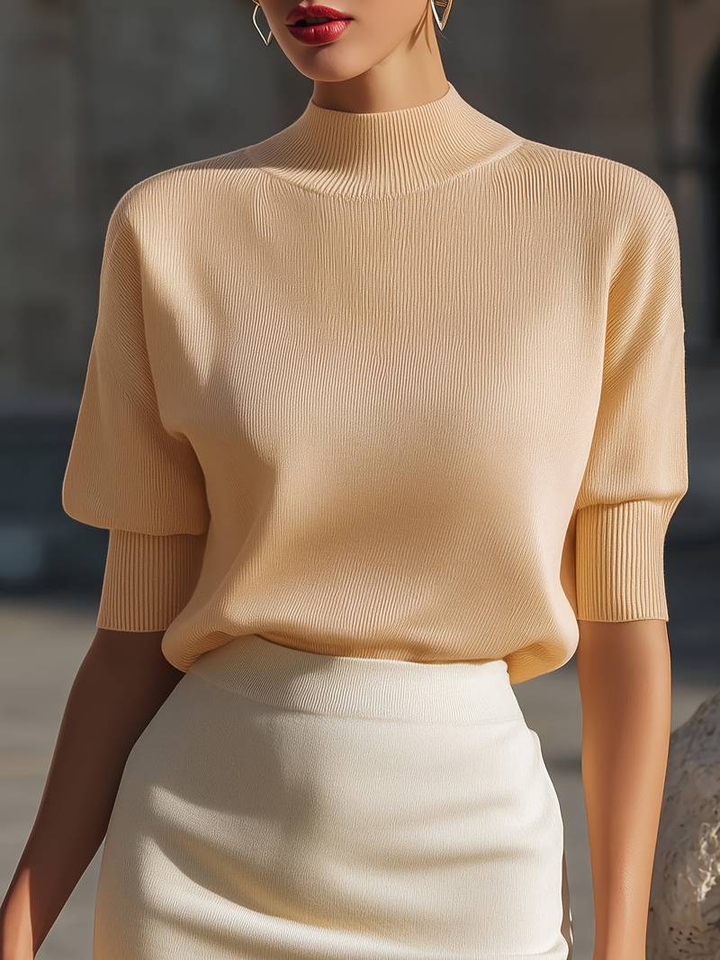 Jenni | Mock Neck Ribbed Short Sleeve Top