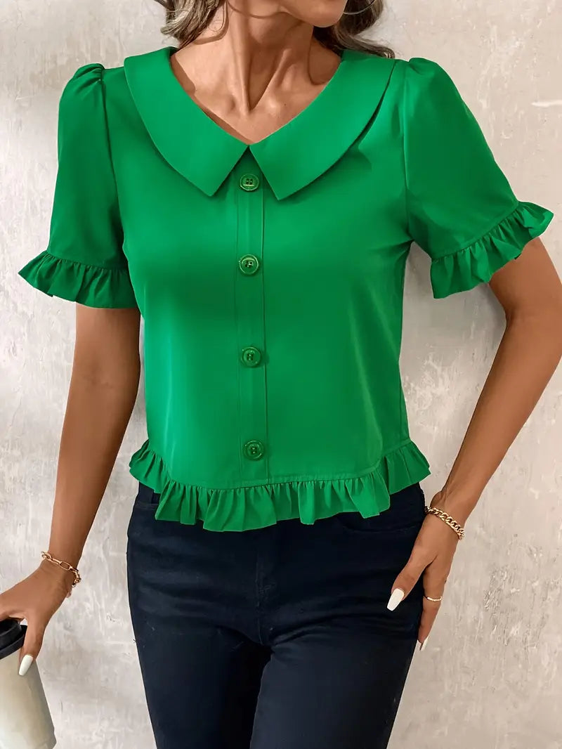 Foteini - Short Sleeve Ruffle Hem Button Blouse