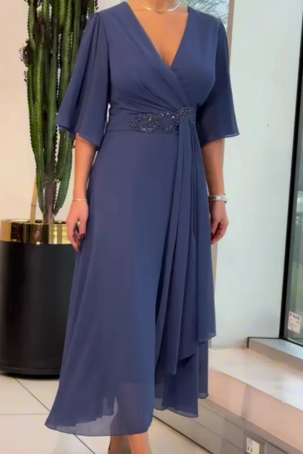 Bhagya - Long Chiffon Dress With V Neckline