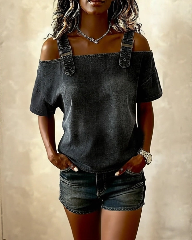 Yamara | Cold Shoulder Denim-Style Strap Top