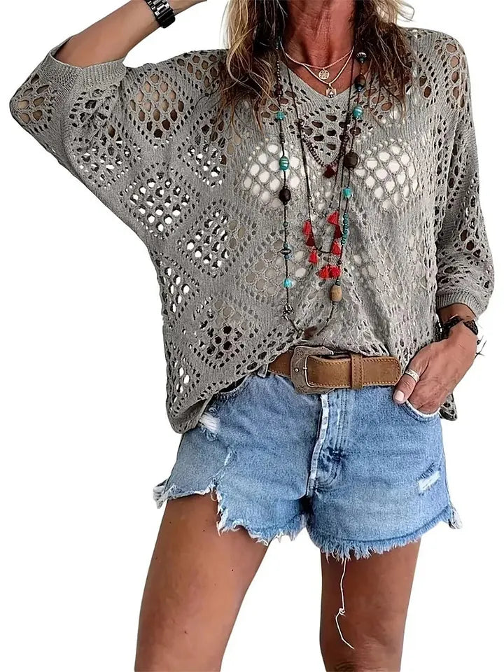 Raissa - Knitted V Neck Openwork Beach Top