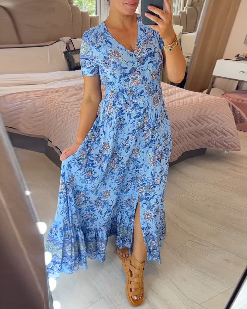 Wibia | Floral Print V-Neck Button Front Midi Dress With Short Sleeves