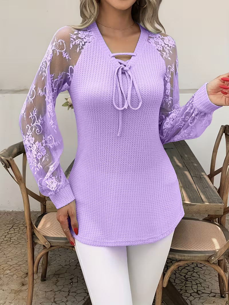 Wazina | Long Sleeve Lace V-Neck Tie Top