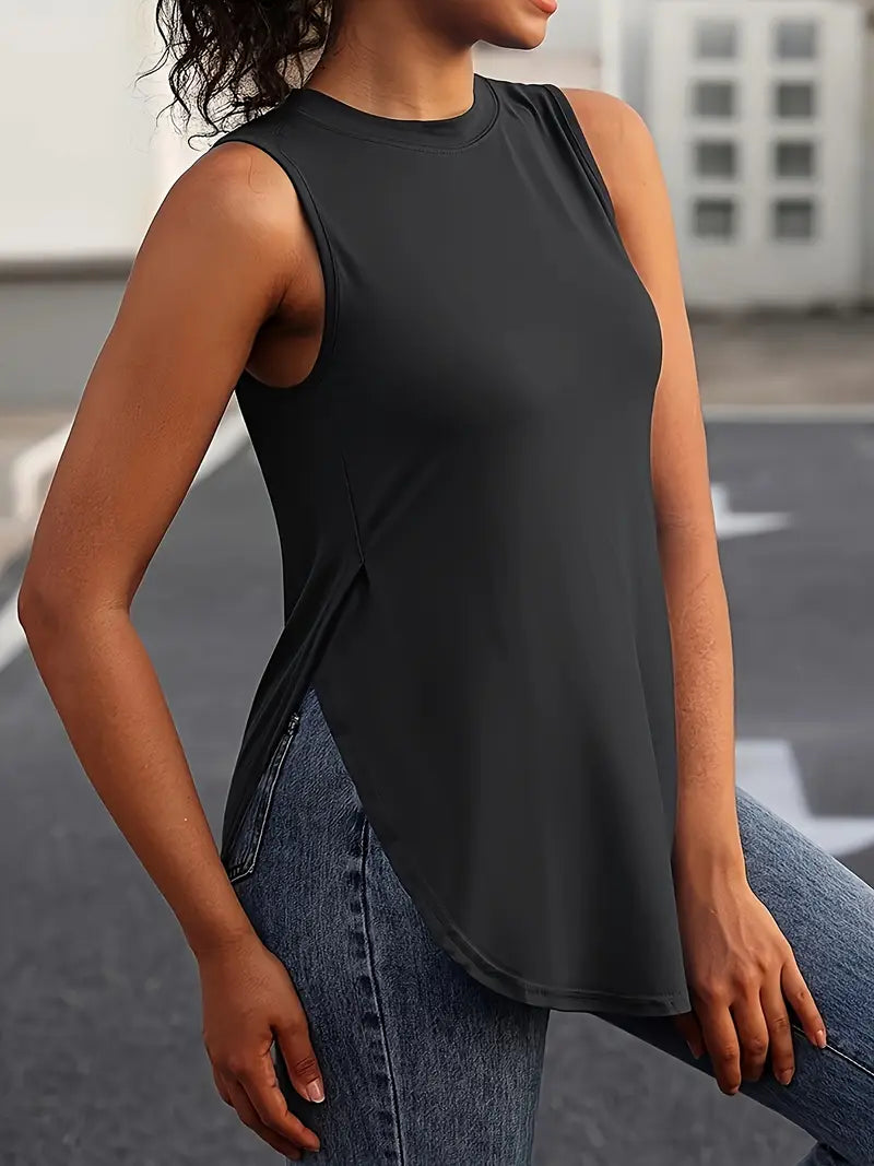 Desirae | Sleeveless Round Neck Curved Hem Top