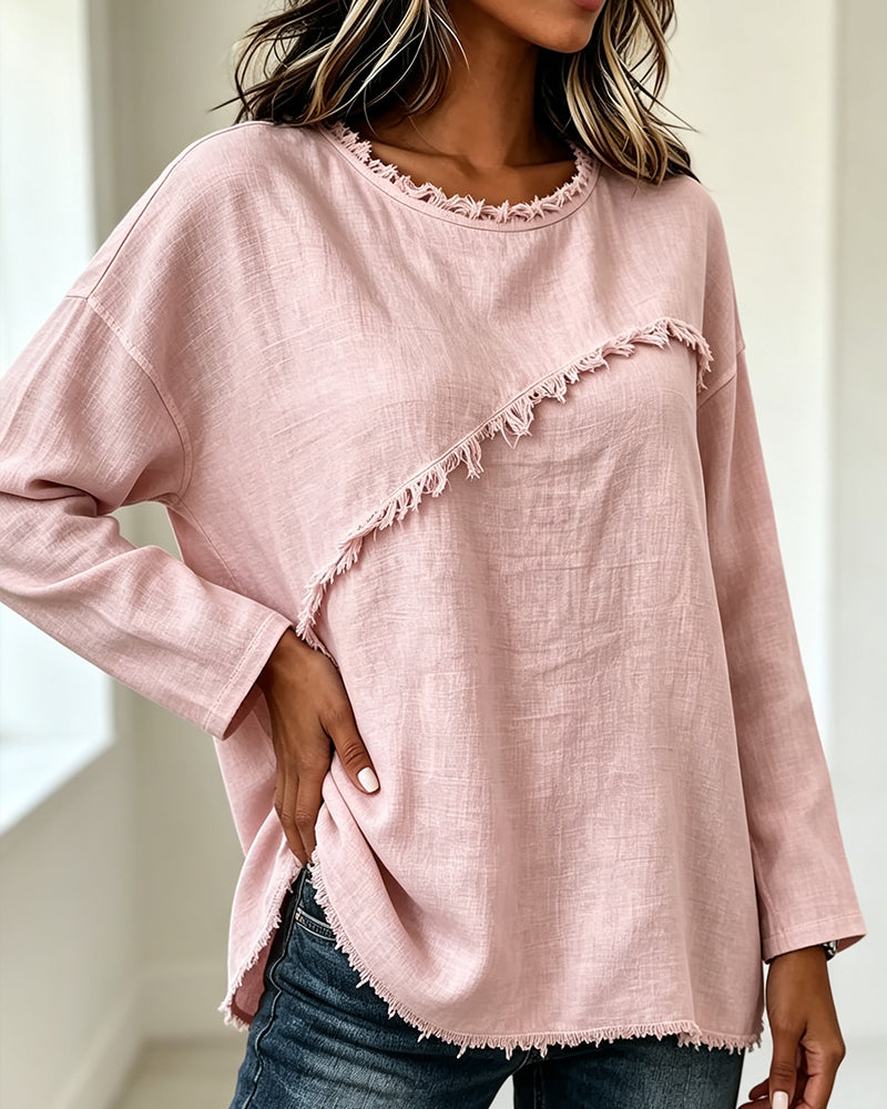 Myrtle | Blouse Round Neck Asymmetric Frayed Trim