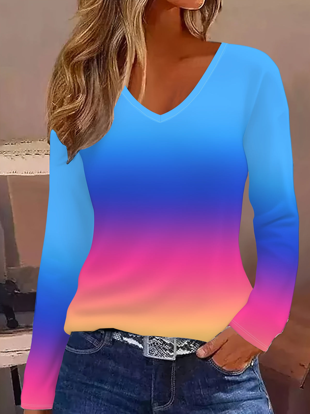 Geneieys | Long Sleeve V-Neck Gradient T-Shirt