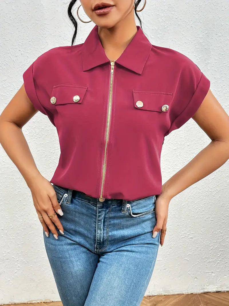 Alfano | Zip Front Collared Short Sleeve Blouse