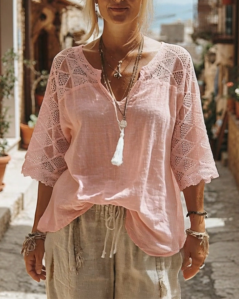 Essien - Lace Sleeve Loose Fit V Neck Blouse