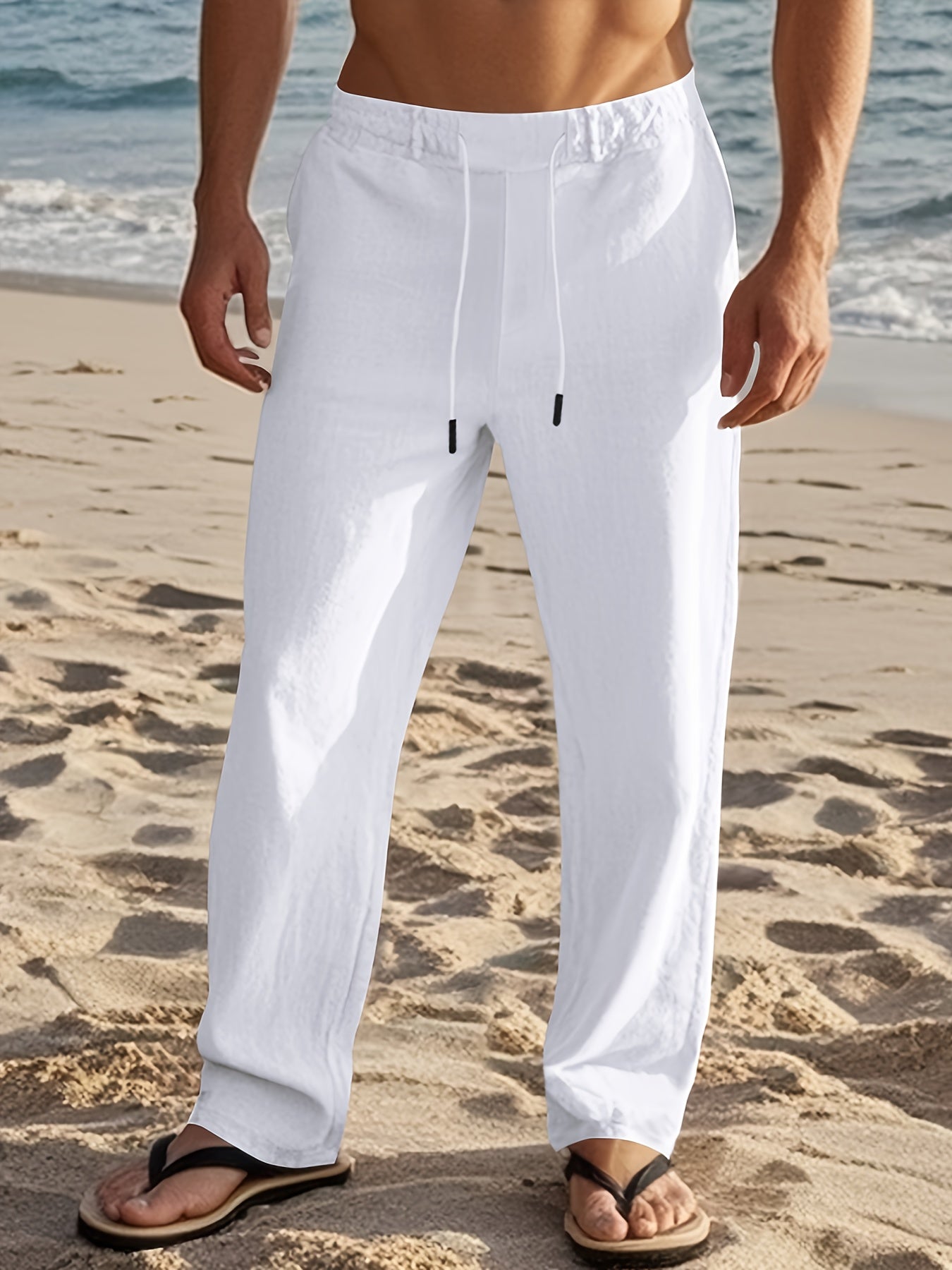 Erikas | Linen-Style Drawstring Straight Leg Casual Trousers