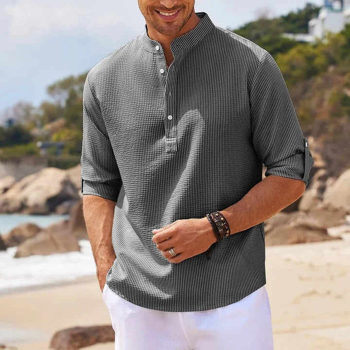 Tjeerd | Textured Grandad Collar Roll Sleeve Shirt