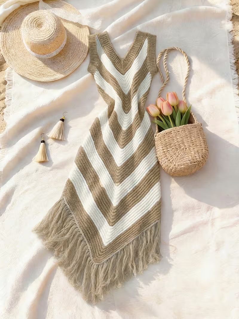 Foley | Knitted Chevron V-Neck Sleeveless Midi Dress