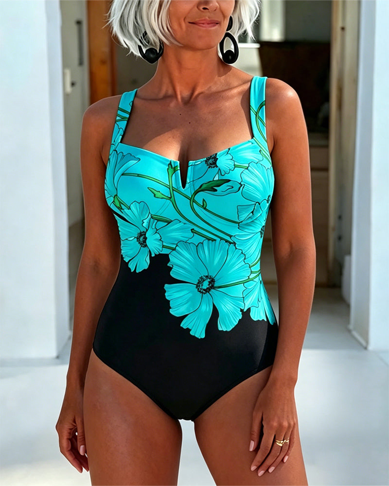 Laury | Floral Print Square Neck Swimsuit
