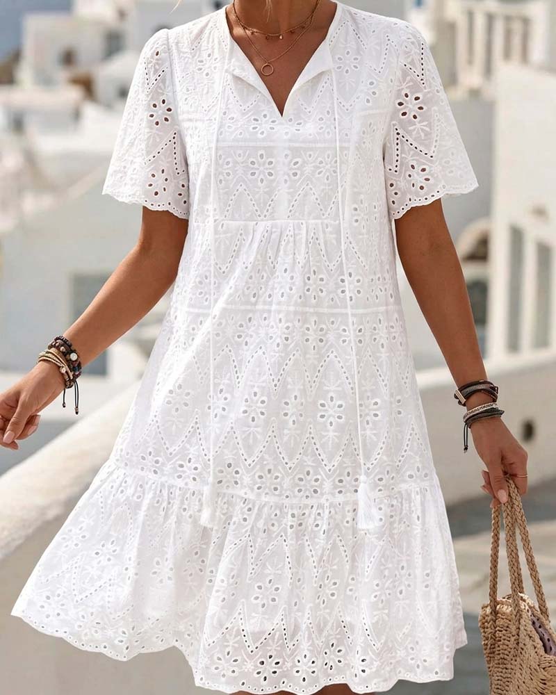 Aphinya | Eyelet Embroidered V-Neck Midi Dress