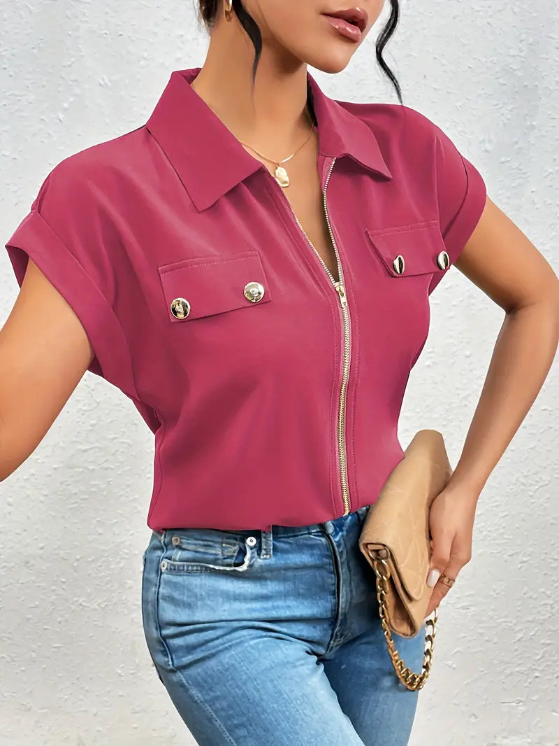 Alfano | Zip Front Collared Short Sleeve Blouse