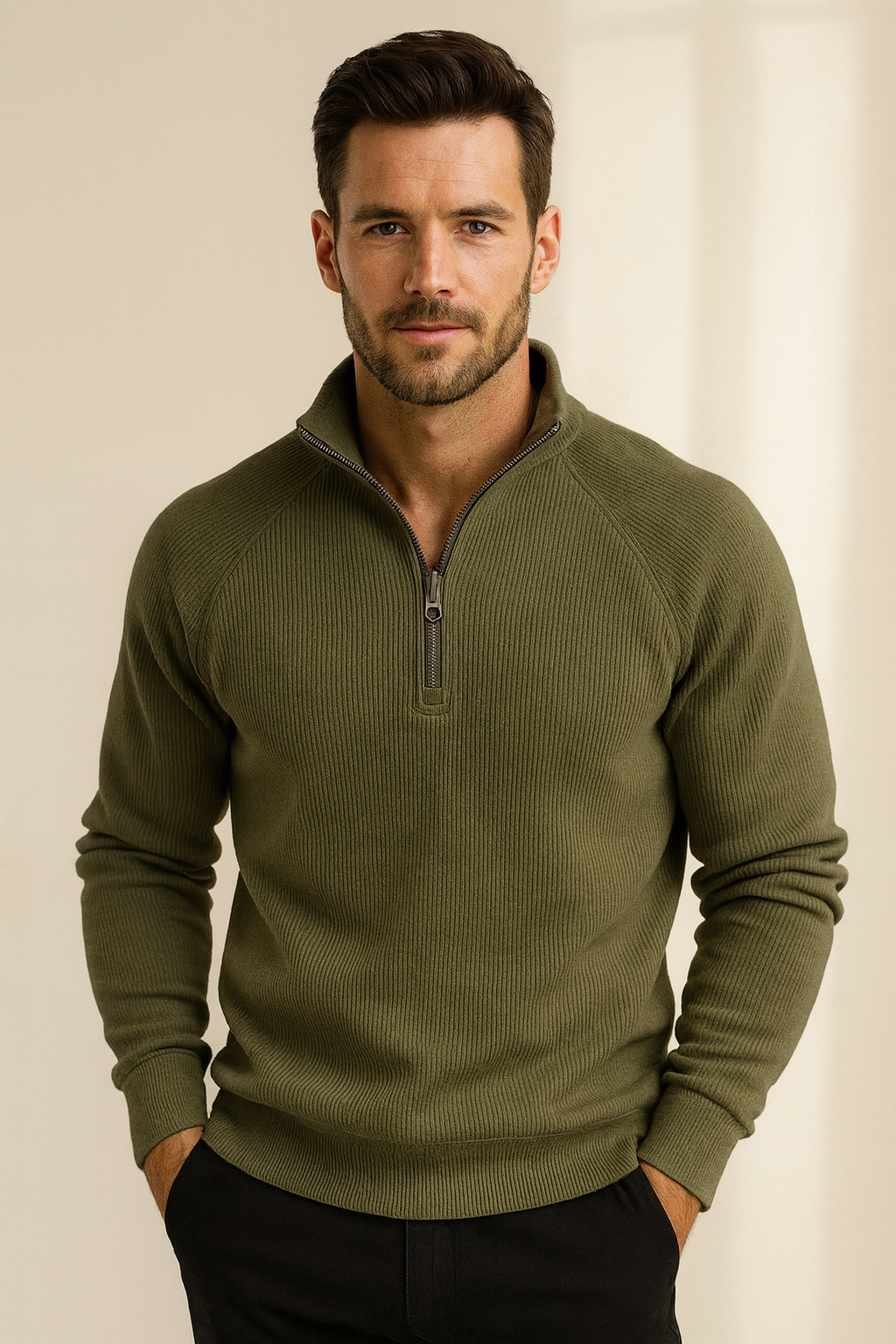 Eduardo | Ribbed Jumper with Quarter Zip and Raglan Sleeves