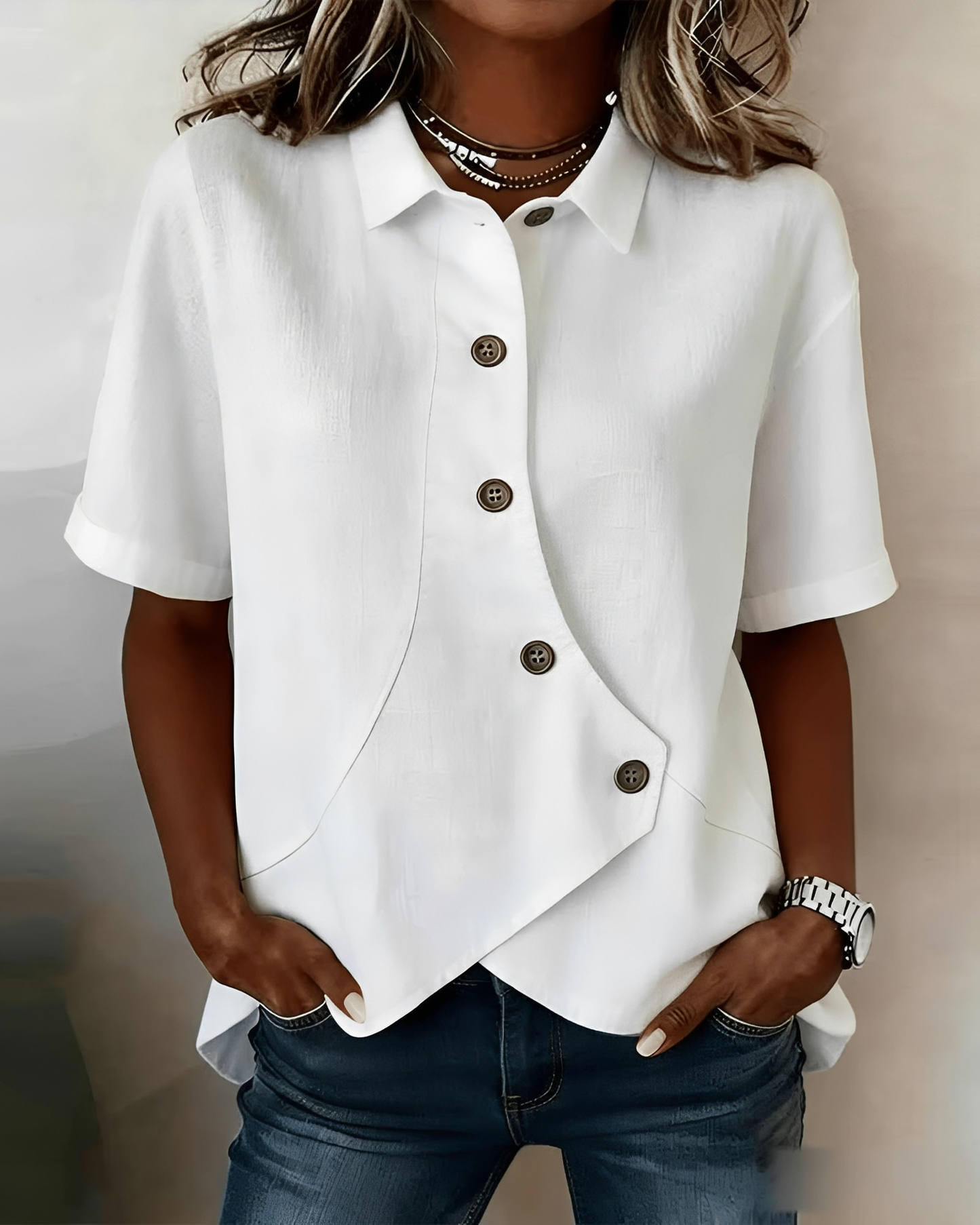 Thabata | Short Sleeve Asymmetric Button Shirt Blouse